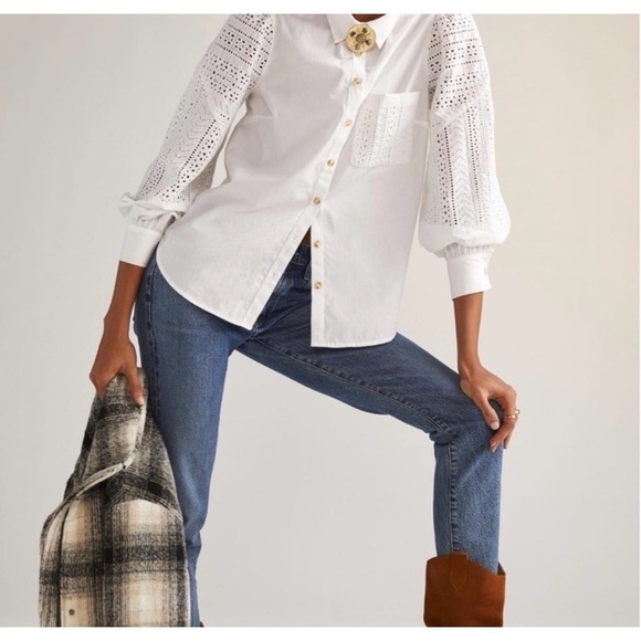 Anthropologie White Eyelet Lace Country Peasant Puff Sleeve Shirt Blouse 12 - Picture 2 of 9